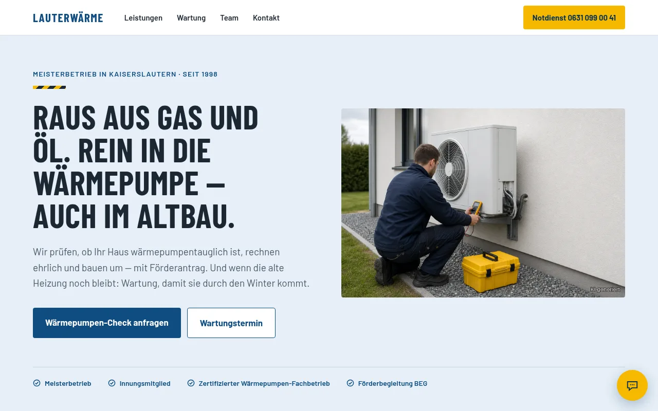 Screenshot der echten Handwerksbetrieb-Demo-Website (Heizung, Sanitär, Wärmepumpe) mit KI-Assistent